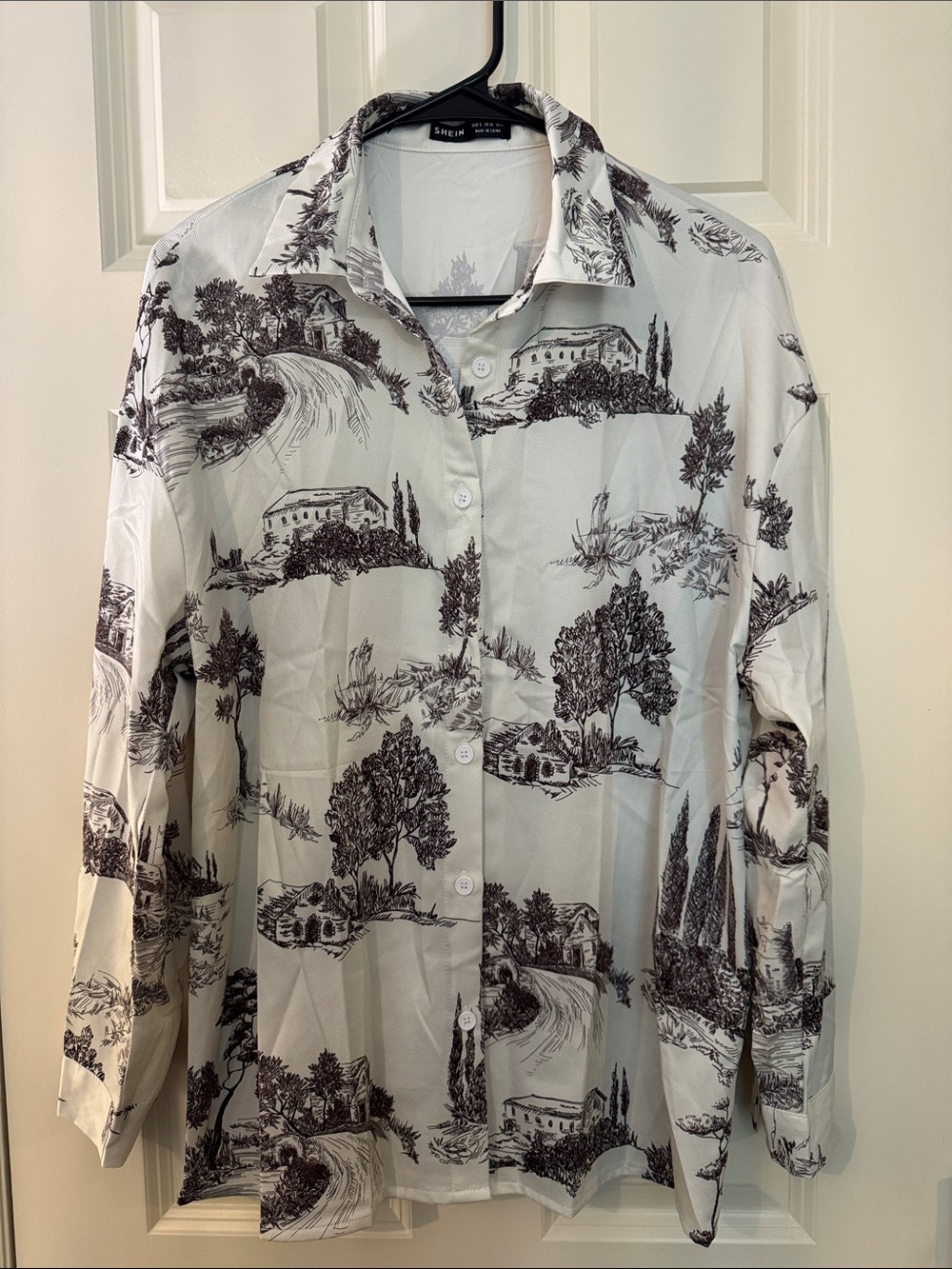 SHEIN Cream Oversized Button-Down Shirt with Black Scenic Print